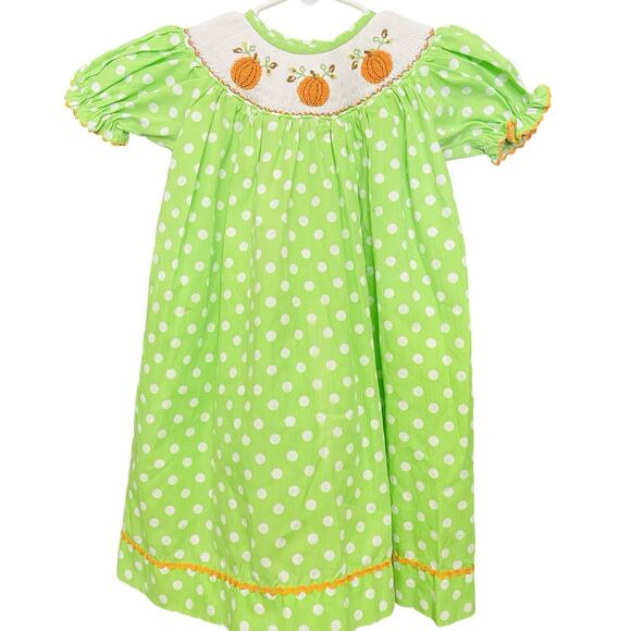 Dibble Dabble Girls 24 Month Boutique Smocked Green Pumpkin Dress Fall - Picture 1 of 7